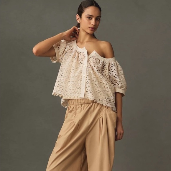 NWT Blue Tassel Puff-Sleeve Lace Blouse Embroidered Floral in Ivory Cream - Picture 4 of 12